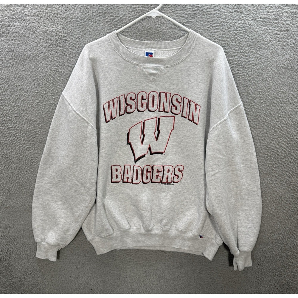 Vintage Wisconsin Badgers Sweatshirt Adult 2XL Gray Crewneck Made In USA 90s